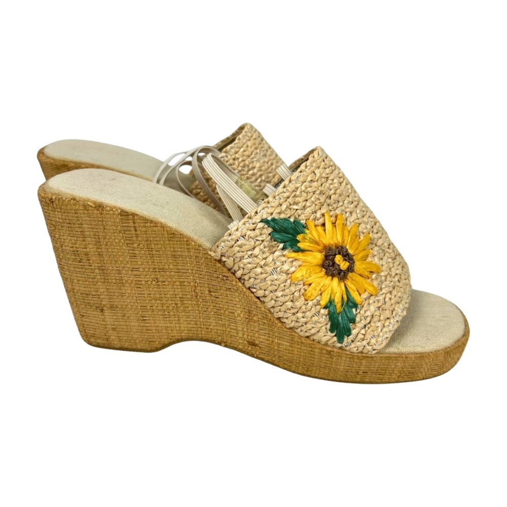 Vintage Straw Rafia Woven Wedge Heels Flowers 90s / Y2K NWOT Size 7